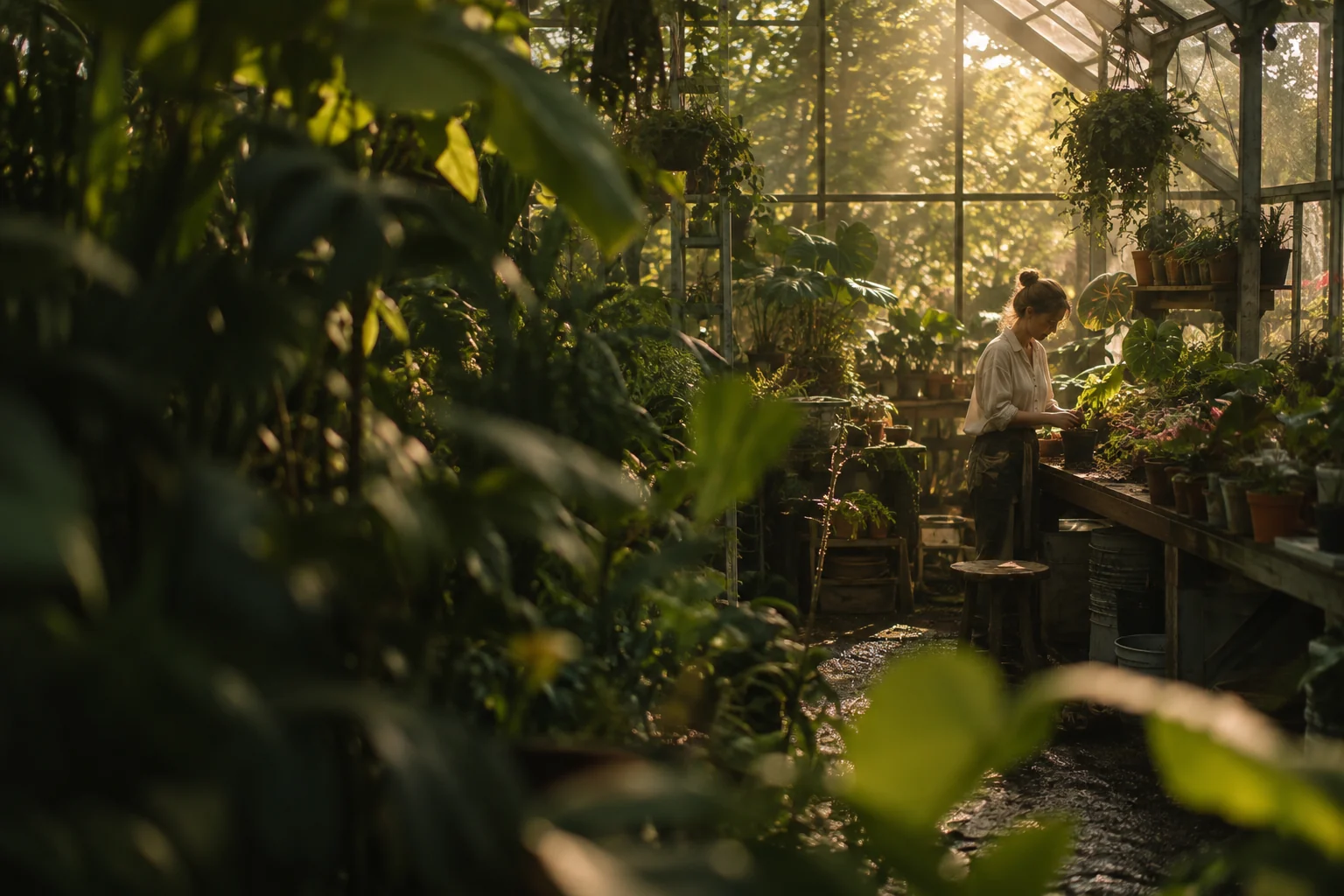 A woman tending plants in a greenhouse, surrounded by deep green leaves and late afternoon light.